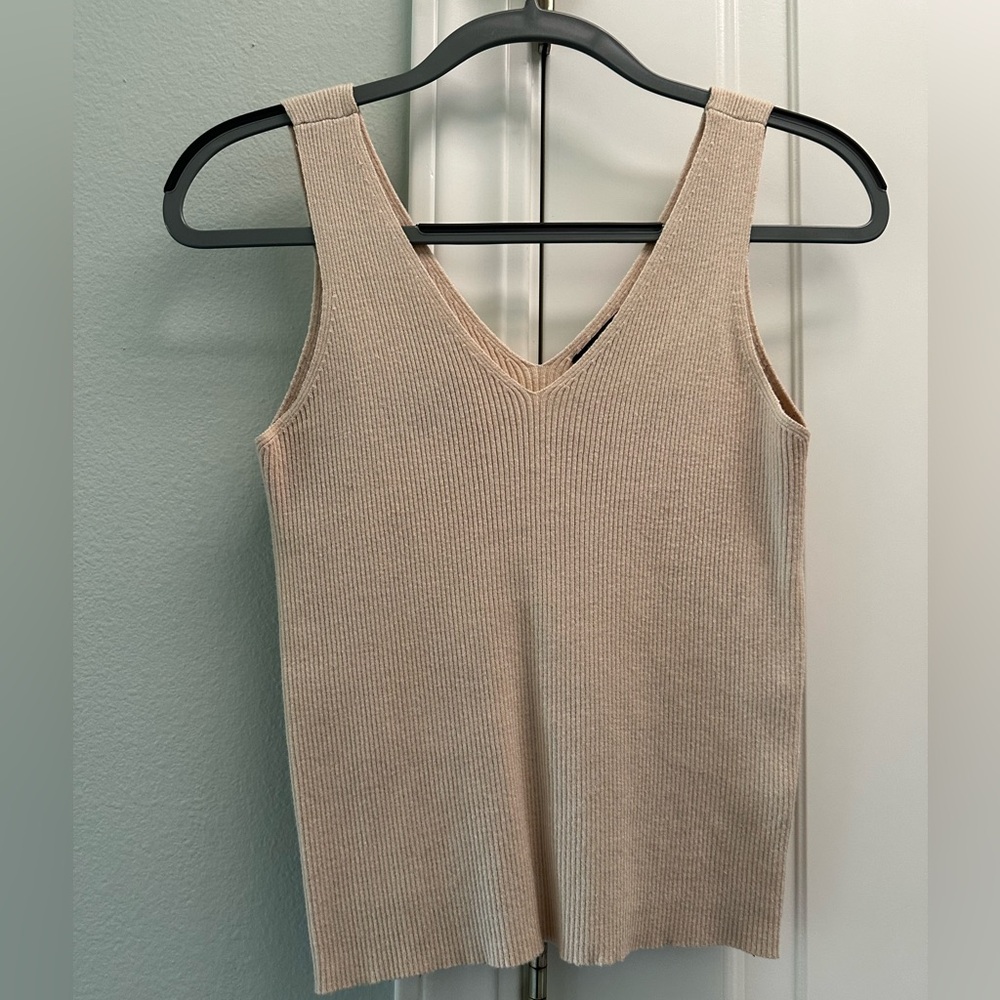 Skies Are Blue Ribbed V-Neck Tank, Cream, Size S